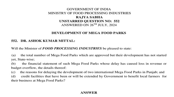 Rajya Sabha Unstarred Question No. 552 | 26-07-2024